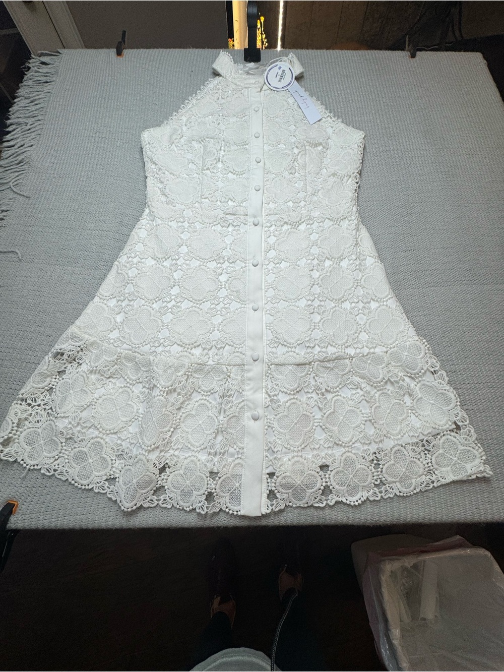 Baby Pink Sleeveless White Lace Button-Front Mini Dress